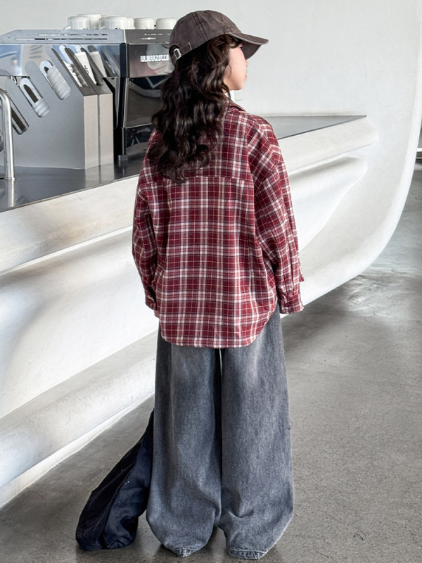 Dječja košulja, korejskog stila, karirani uzorak mreže, dugi rukav, 60% pamuka