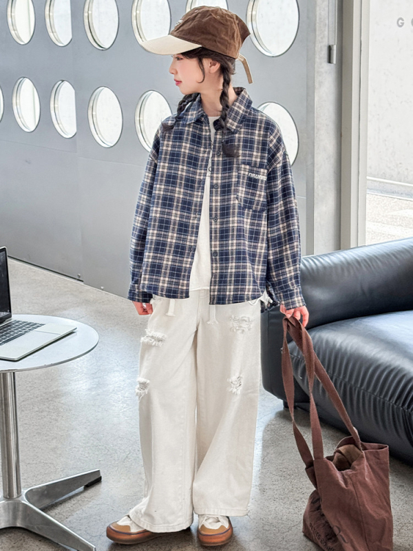 Dječja košulja, korejskog stila, karirani uzorak mreže, dugi rukav, 60% pamuka