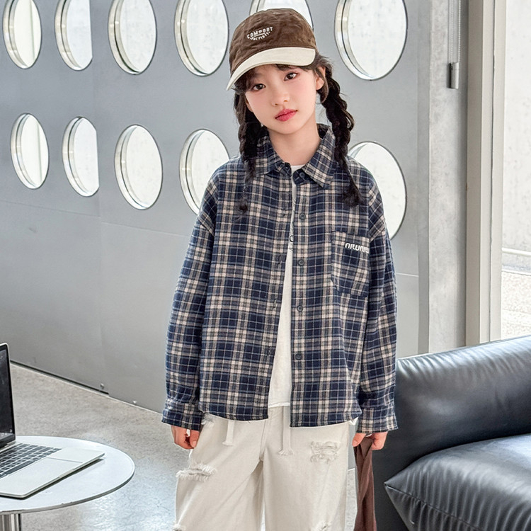 Dječja košulja, korejskog stila, karirani uzorak mreže, dugi rukav, 60% pamuka