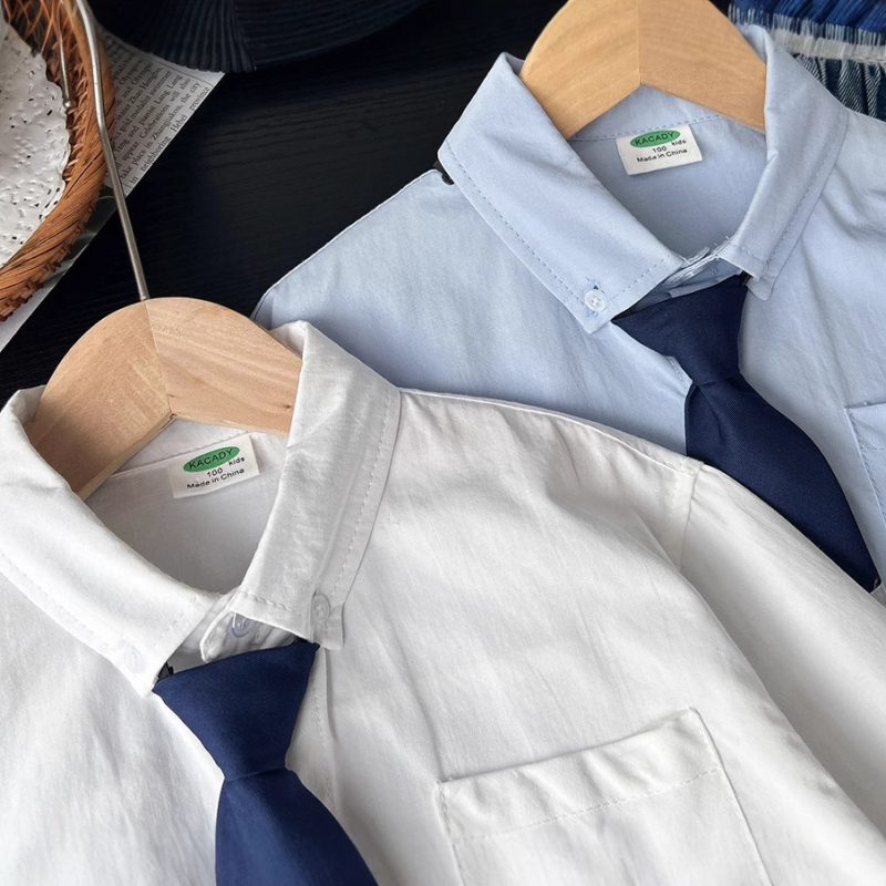 Dječja košulja, korejska verzija, dugi rukav, jednobojna, proljeće–jesen, pamuk