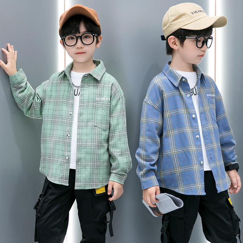 Dječja karirana košulja s dugačkim rukavima, rever ovratnik, 55% pamuk, ležerni stil, proljeće-jesen