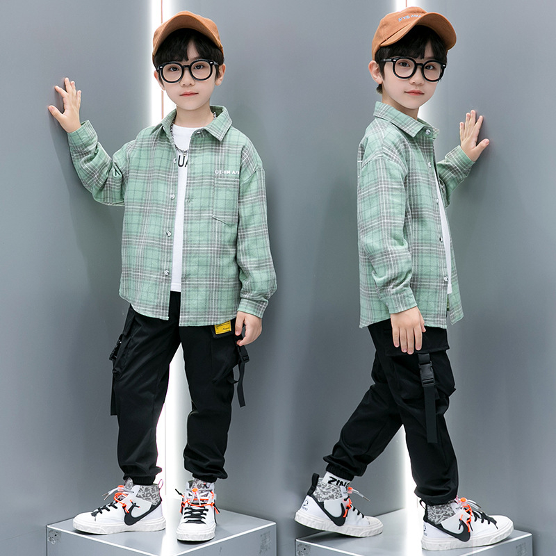 Dječja karirana košulja s dugačkim rukavima, rever ovratnik, 55% pamuk, ležerni stil, proljeće-jesen