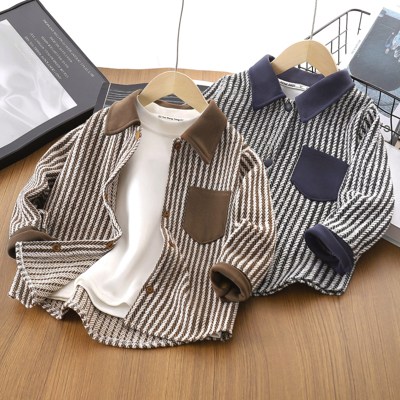 Dječja jesenja jakna za dječake, prugasta, dugi rukavi, vanjska jakna u stilu kardigana, jednoredno zatvaranje, ovratnik s klopom, 95% poliester