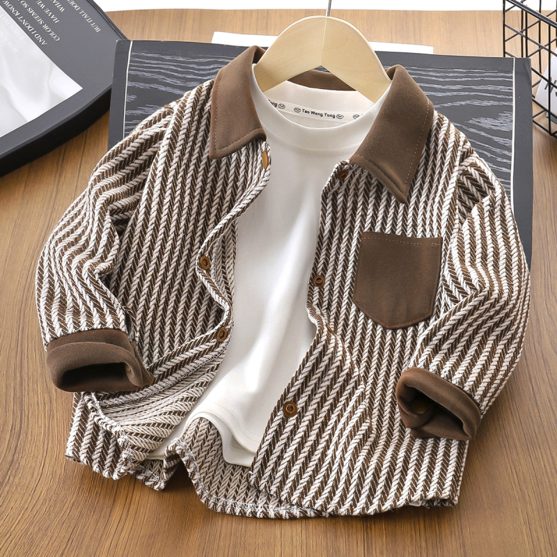 Dječja jesenja jakna za dječake, prugasta, dugi rukavi, vanjska jakna u stilu kardigana, jednoredno zatvaranje, ovratnik s klopom, 95% poliester