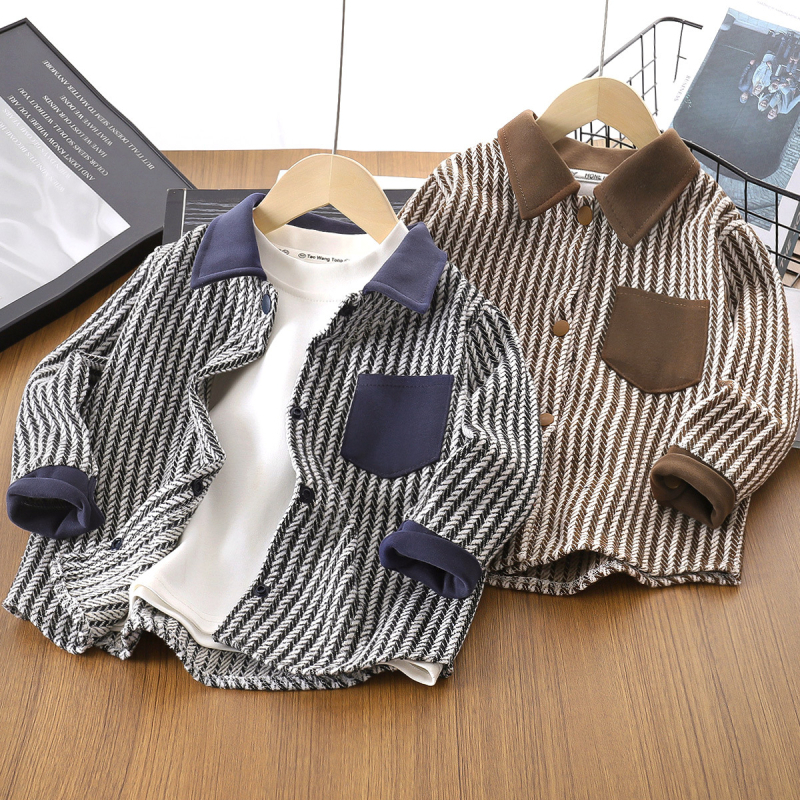 Dječja jesenja jakna za dječake, prugasta, dugi rukavi, vanjska jakna u stilu kardigana, jednoredno zatvaranje, ovratnik s klopom, 95% poliester