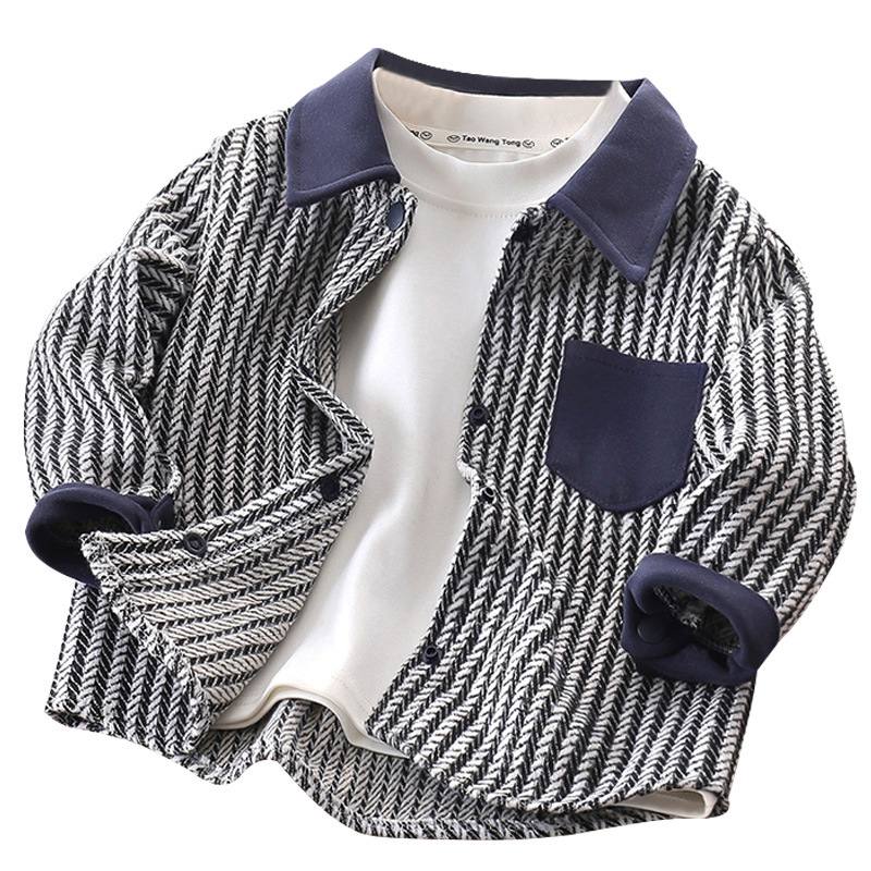 Dječja jesenja jakna za dječake, prugasta, dugi rukavi, vanjska jakna u stilu kardigana, jednoredno zatvaranje, ovratnik s klopom, 95% poliester