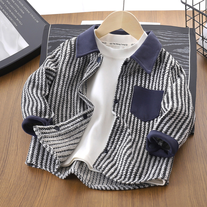 Dječja jesenja jakna za dječake, prugasta, dugi rukavi, vanjska jakna u stilu kardigana, jednoredno zatvaranje, ovratnik s klopom, 95% poliester