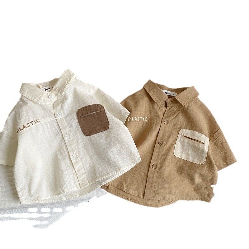 Dječja košulja s kratkim rukavima, korejskog stila, rever ovratnik, tkanina od mješavine pamuka 90%, meka obrada materijala, pogodna za djecu od 3 do 8 godina.