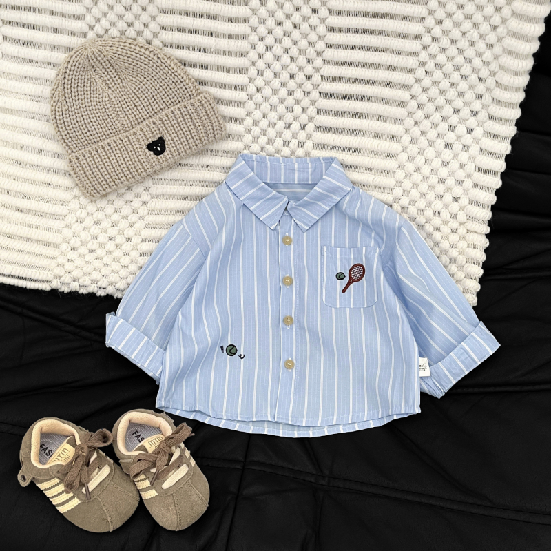 Korejski stil prugasta dječja polo majica, dugi rukav, ovratnik s reverom, poliester 55%, za djecu 1–3 godine, proljeće i jesen