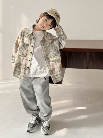 Dječja košulja s dugim rukavima, korejski stil, karirani uzorak, 100% pamuk, za djecu iznad 8 godina (visina iznad 140 cm), proljeće-jesen.