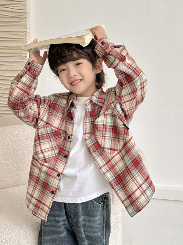 Dječja košulja s dugim rukavima, korejski stil, karirani uzorak, 100% pamuk, za djecu iznad 8 godina (visina iznad 140 cm), proljeće-jesen.