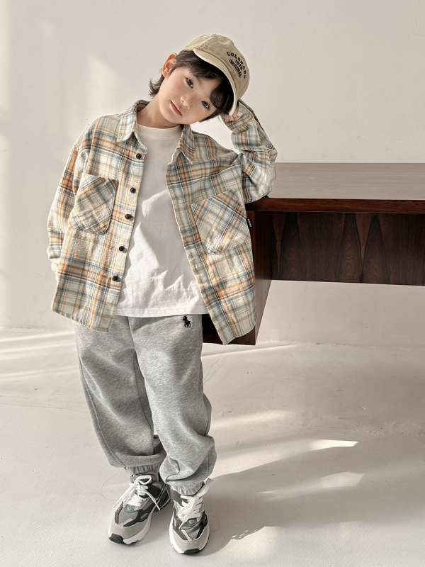 Dječja košulja s dugim rukavima, korejski stil, karirani uzorak, 100% pamuk, za djecu iznad 8 godina (visina iznad 140 cm), proljeće-jesen.