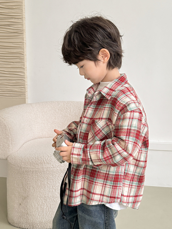 Dječja košulja s dugim rukavima, korejski stil, karirani uzorak, 100% pamuk, za djecu iznad 8 godina (visina iznad 140 cm), proljeće-jesen.