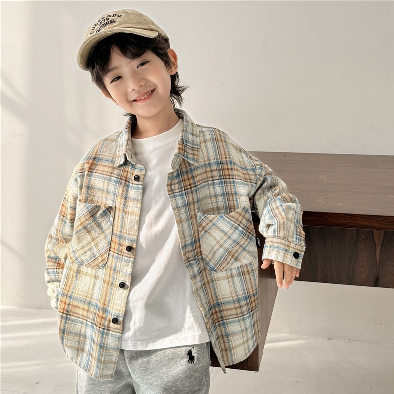 Dječja košulja s dugim rukavima, korejski stil, karirani uzorak, 100% pamuk, za djecu iznad 8 godina (visina iznad 140 cm), proljeće-jesen.