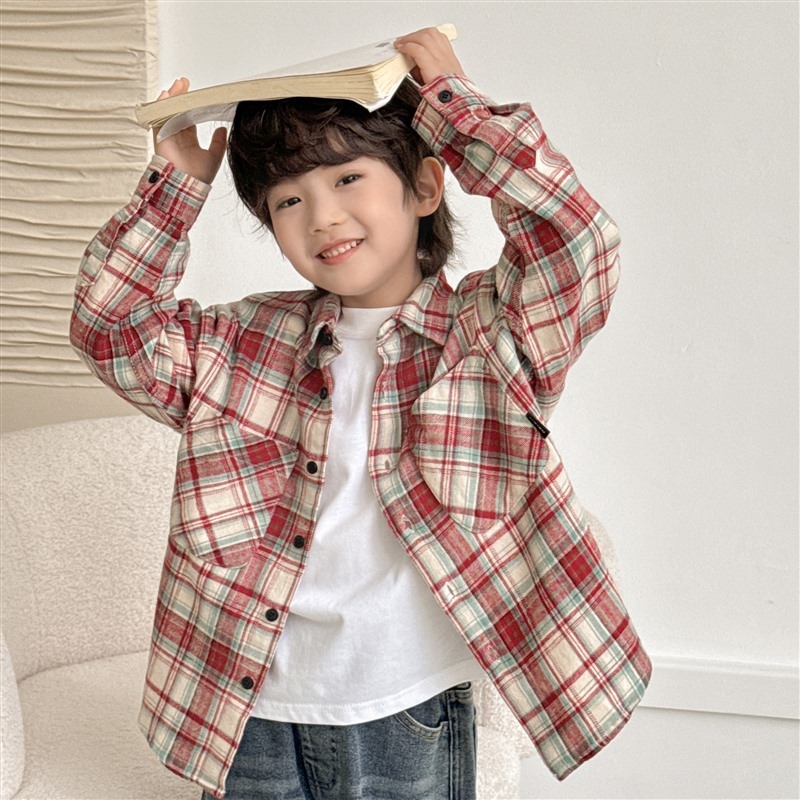 Dječja košulja s dugim rukavima, korejski stil, karirani uzorak, 100% pamuk, za djecu iznad 8 godina (visina iznad 140 cm), proljeće-jesen.