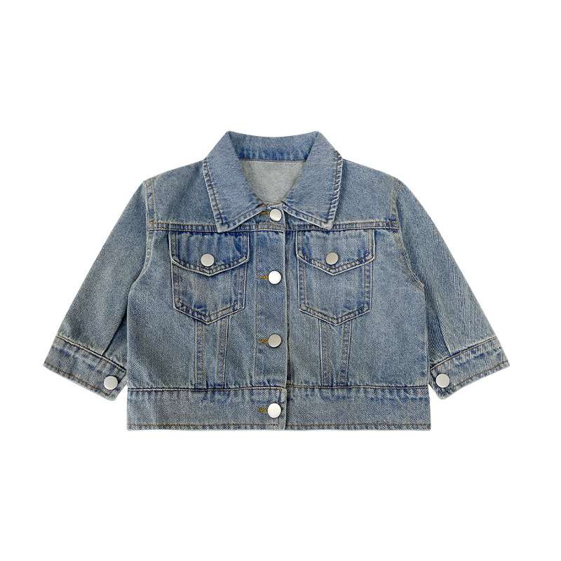 Vaikų džinsinė striukė kaubojo stiliumi, laisvas dizainas, vieno užsegimo sagų užsegimas, pavasaris 2023, 95% kaubo džinso audinys