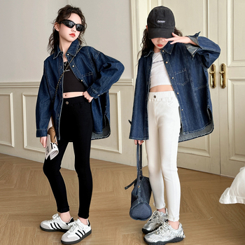 Djevojački denim sako za proljeće i jesen 2025, casual, rever ovratnik, dugi rukavi, jednobojna, smjesa poliester