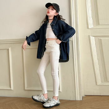 Djevojački denim sako za proljeće i jesen 2025, casual, rever ovratnik, dugi rukavi, jednobojna, smjesa poliester