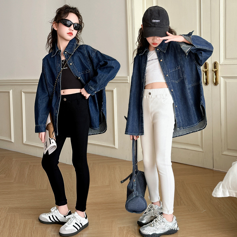 Djevojački denim sako za proljeće i jesen 2025, casual, rever ovratnik, dugi rukavi, jednobojna, smjesa poliester