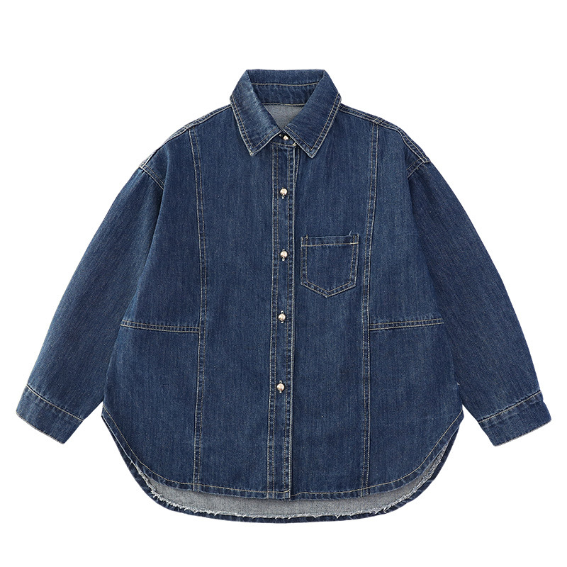 Djevojački denim sako za proljeće i jesen 2025, casual, rever ovratnik, dugi rukavi, jednobojna, smjesa poliester