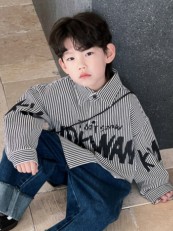 Cămașă pentru băieți cu dungi, stil coreean, mâneci lungi, 94,6% bumbac