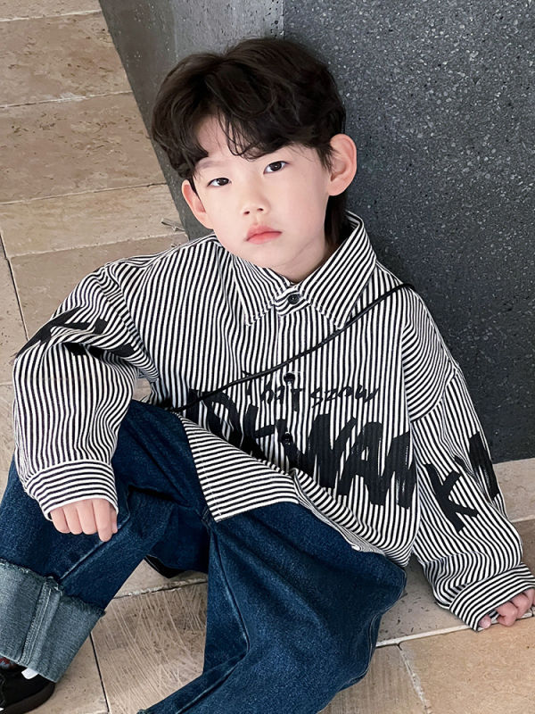 Cămașă pentru băieți cu dungi, stil coreean, mâneci lungi, 94,6% bumbac