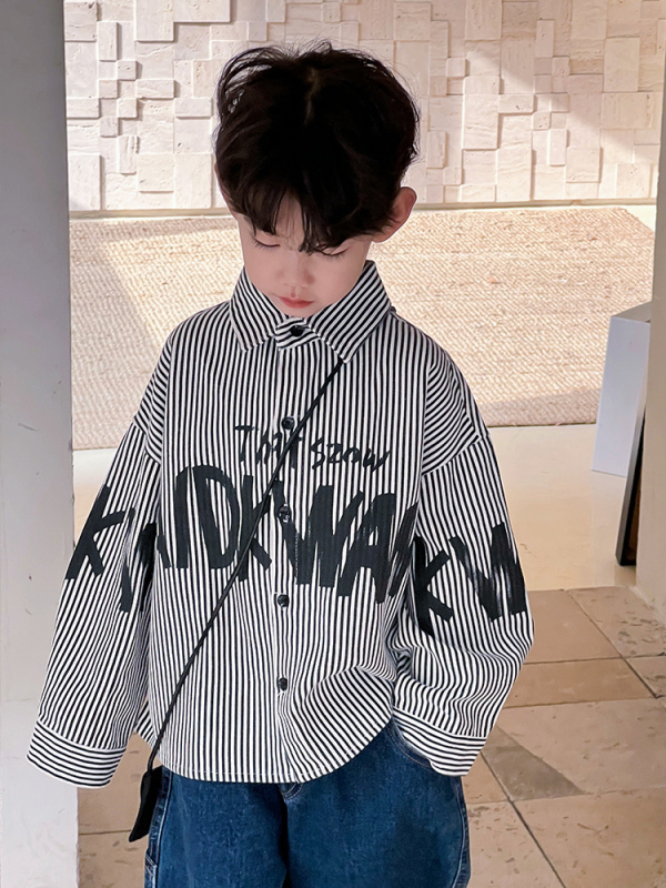 Cămașă pentru băieți cu dungi, stil coreean, mâneci lungi, 94,6% bumbac