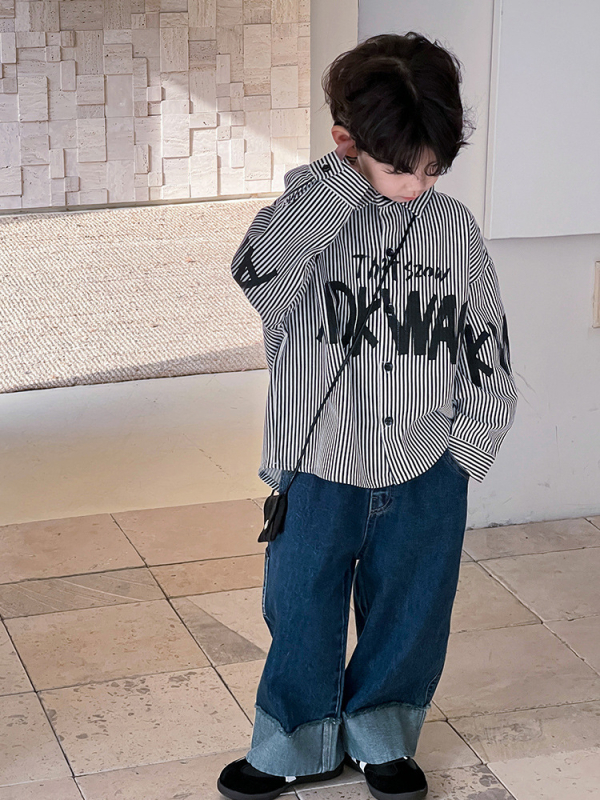 Cămașă pentru băieți cu dungi, stil coreean, mâneci lungi, 94,6% bumbac