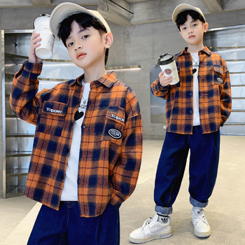 Cămașă pentru copii băieți – în carouri, mânecă lungă, guler rever, viscoză 35% – primăvară-toamnă