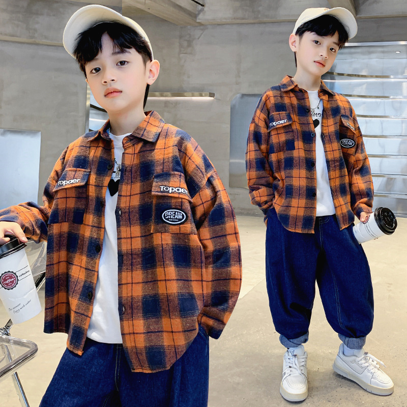 Cămașă pentru copii băieți – în carouri, mânecă lungă, guler rever, viscoză 35% – primăvară-toamnă