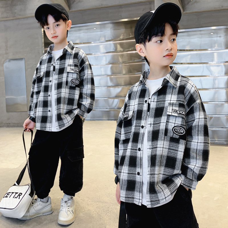 Cămașă pentru copii băieți – în carouri, mânecă lungă, guler rever, viscoză 35% – primăvară-toamnă