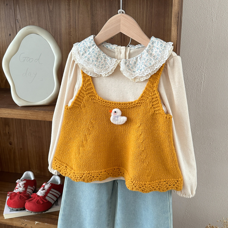 Korejski stil dječji jesenski trodijelni set: denim široke hlače, pleteni prsluk i košulja s cvjetnim ovratnikom; za dob 3-8 godina