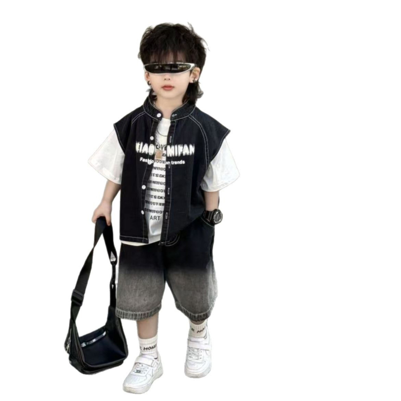 Trokomponentni dječji denim komplet (košulja, jakna, šorcevi) – korejski stil, pamuk 71–80%, kratki rukavi, za novorođenčad od 0 do 1 godine