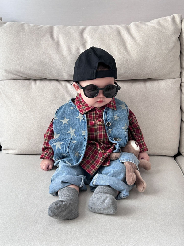 Dječji dvodijeljeni set košulice i veste, korejski stil, pamuk, karirani uzorak, dugi rukavi, rever ovratnik, za dječake 1–3 godine