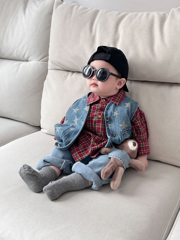 Dječji dvodijeljeni set košulice i veste, korejski stil, pamuk, karirani uzorak, dugi rukavi, rever ovratnik, za dječake 1–3 godine