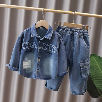 Dječji dvodijelni denim set s košulom s dugim rukavima i cargo hlačama, korejskog stila, 95% pamuk
