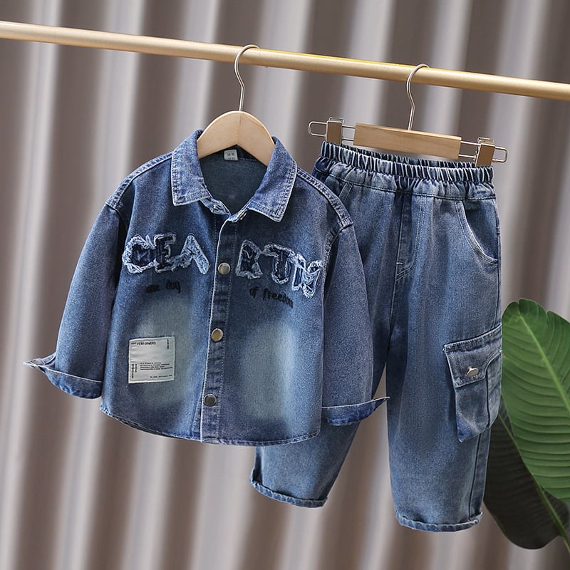 Dječji dvodijelni denim set s košulom s dugim rukavima i cargo hlačama, korejskog stila, 95% pamuk