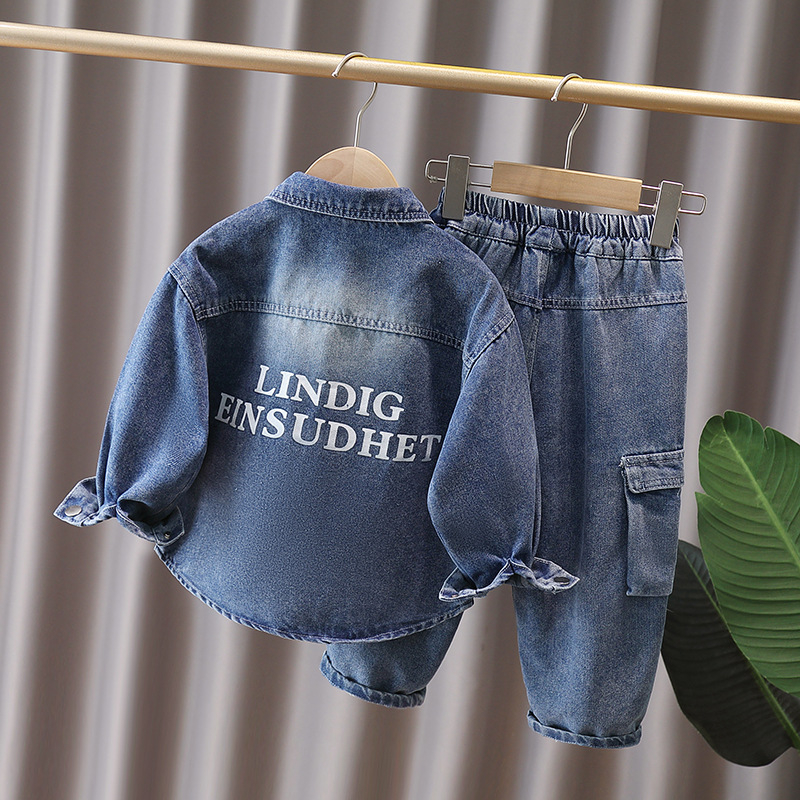 Dječji dvodijelni denim set s košulom s dugim rukavima i cargo hlačama, korejskog stila, 95% pamuk