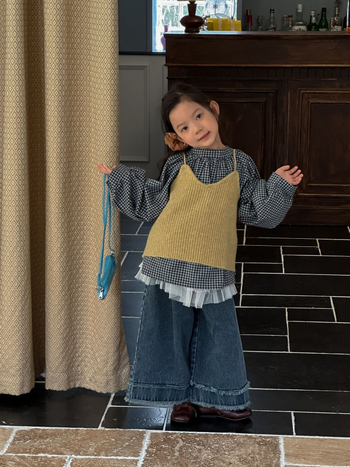 Dječji odjevni set — Korejski stil karirani prsluk uz svakodnevne traperice, pamuk 80%, jesen 2025, za djecu 8+ godina