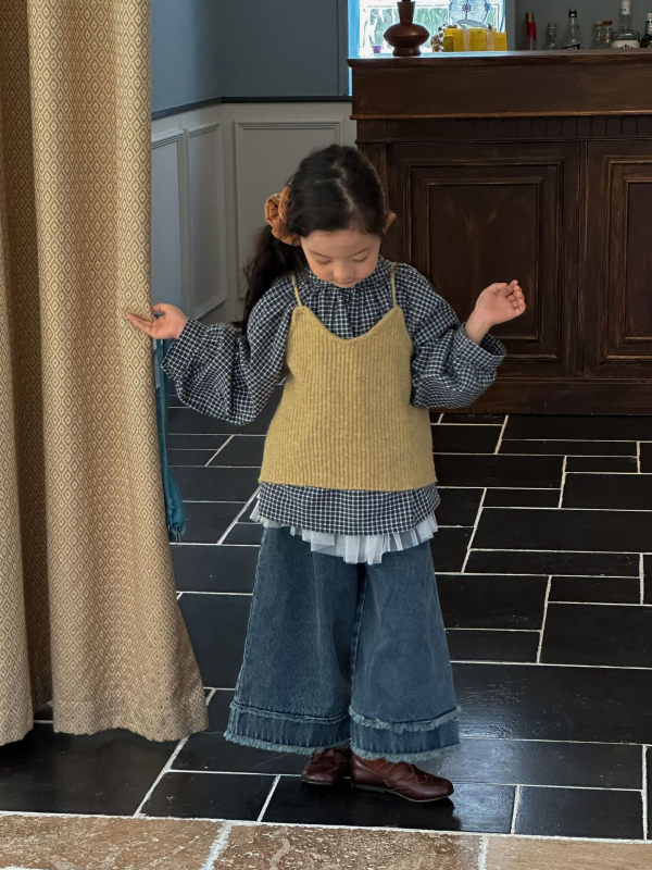 Dječji odjevni set — Korejski stil karirani prsluk uz svakodnevne traperice, pamuk 80%, jesen 2025, za djecu 8+ godina