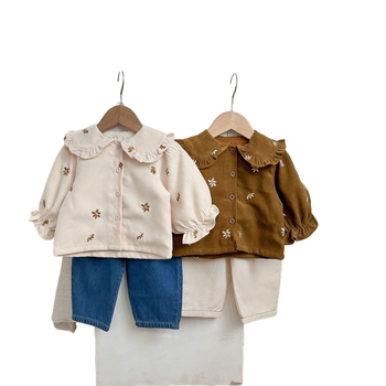 Dječji dvodijeljeni set u korejskom stilu: košulja od korduroja s izšivanim ovratnikom i traperice, 100% pamuk, s kapuljačom, dugi rukav, cvjetni uzorak, za uzrast 1–3 godine