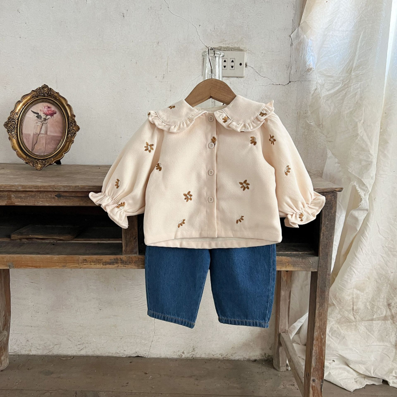 Dječji dvodijeljeni set u korejskom stilu: košulja od korduroja s izšivanim ovratnikom i traperice, 100% pamuk, s kapuljačom, dugi rukav, cvjetni uzorak, za uzrast 1–3 godine