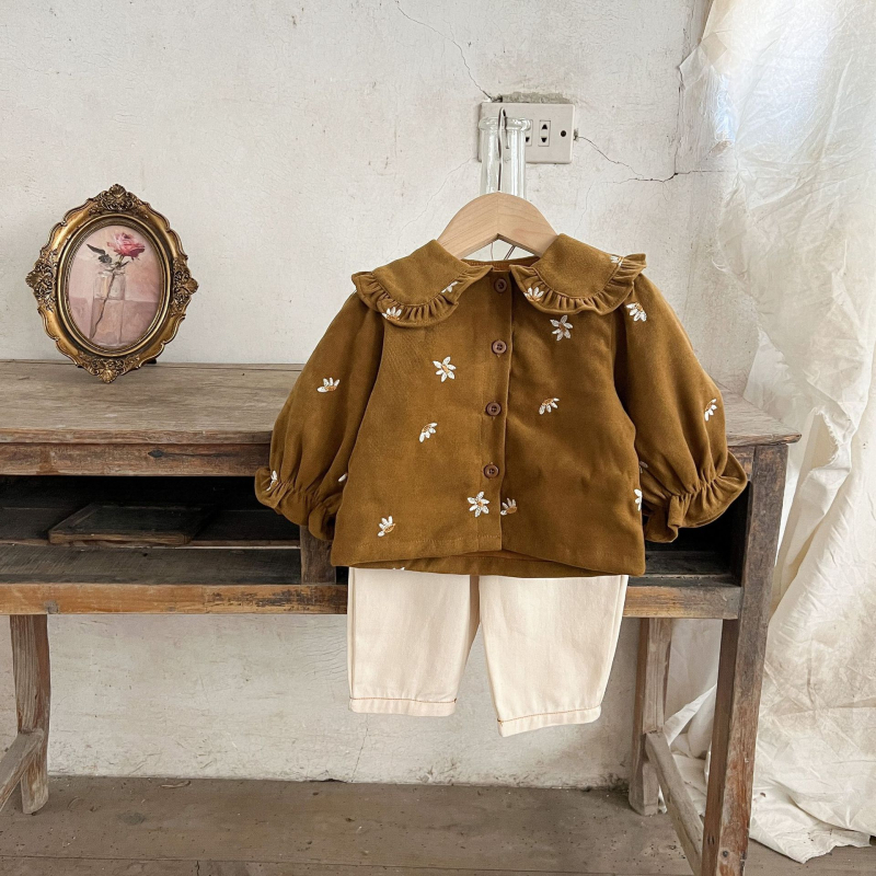Dječji dvodijeljeni set u korejskom stilu: košulja od korduroja s izšivanim ovratnikom i traperice, 100% pamuk, s kapuljačom, dugi rukav, cvjetni uzorak, za uzrast 1–3 godine