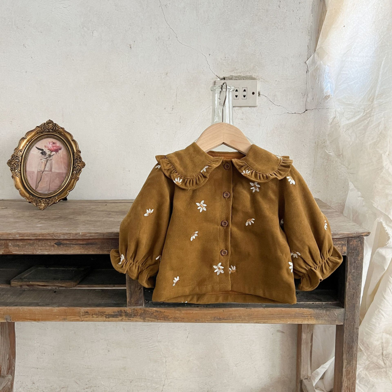 Dječji dvodijeljeni set u korejskom stilu: košulja od korduroja s izšivanim ovratnikom i traperice, 100% pamuk, s kapuljačom, dugi rukav, cvjetni uzorak, za uzrast 1–3 godine