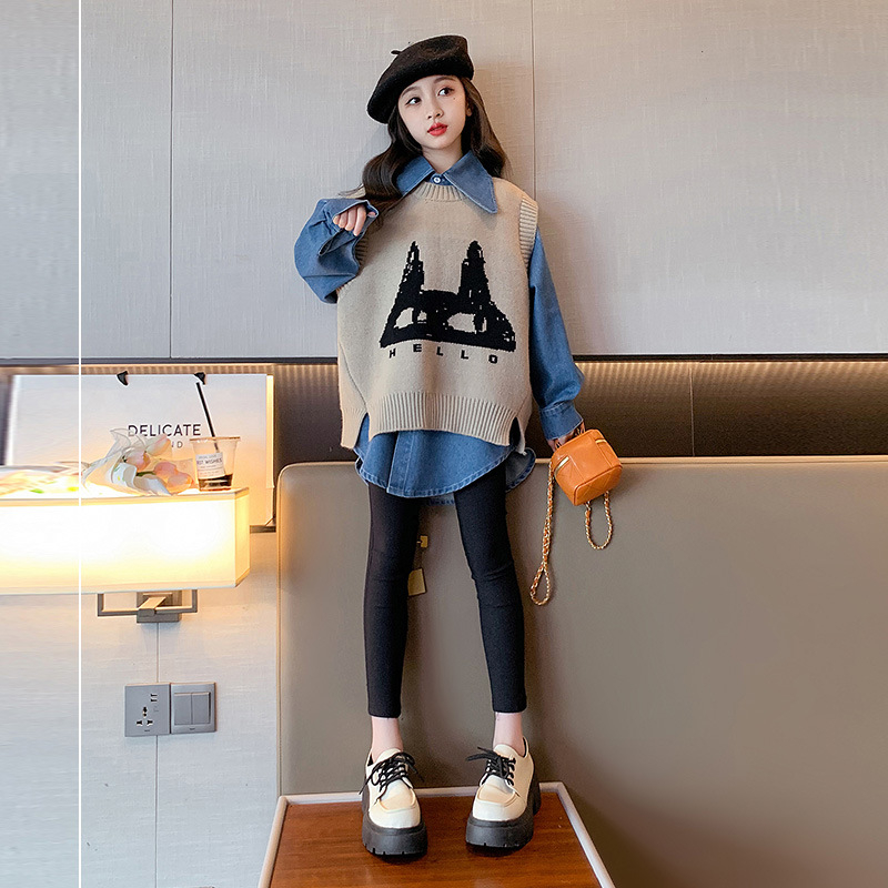 Set de două piese pentru fetițe, toamnă, bumbac, mâneci lungi, stil coreean