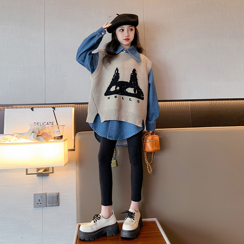 Set de două piese pentru fetițe, toamnă, bumbac, mâneci lungi, stil coreean