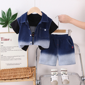 Детски комплект с къс ръкав деним-памук, 3 части, за възраст 1–3 години, лято 2025