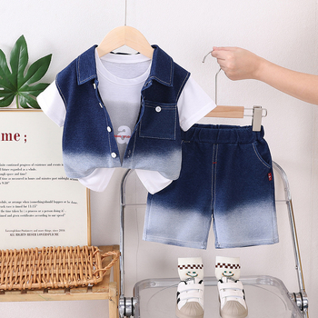 Детски комплект с къс ръкав деним-памук, 3 части, за възраст 1–3 години, лято 2025