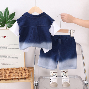 Детски комплект с къс ръкав деним-памук, 3 части, за възраст 1–3 години, лято 2025