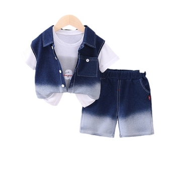 Детски комплект с къс ръкав деним-памук, 3 части, за възраст 1–3 години, лято 2025